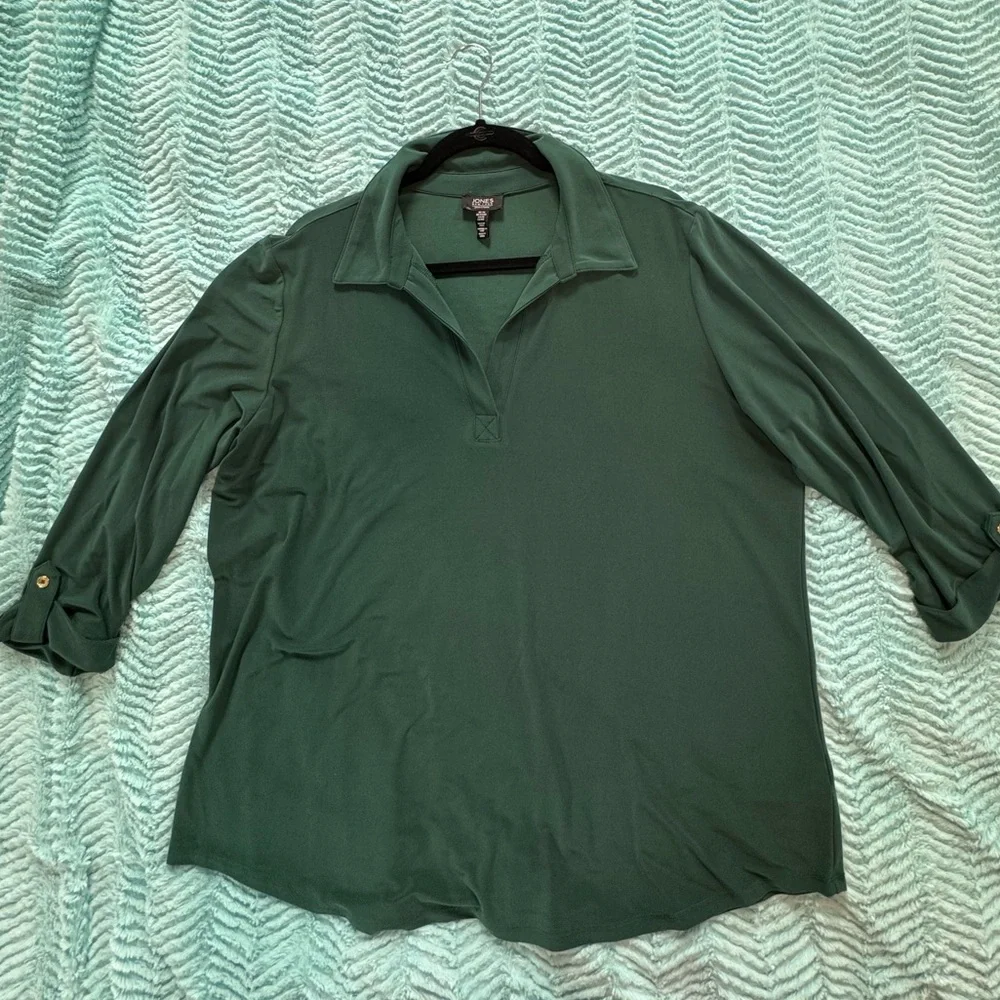Jones New York Green Polo Collar 3/4 Sleeve Blouse - Picture 5 of 8